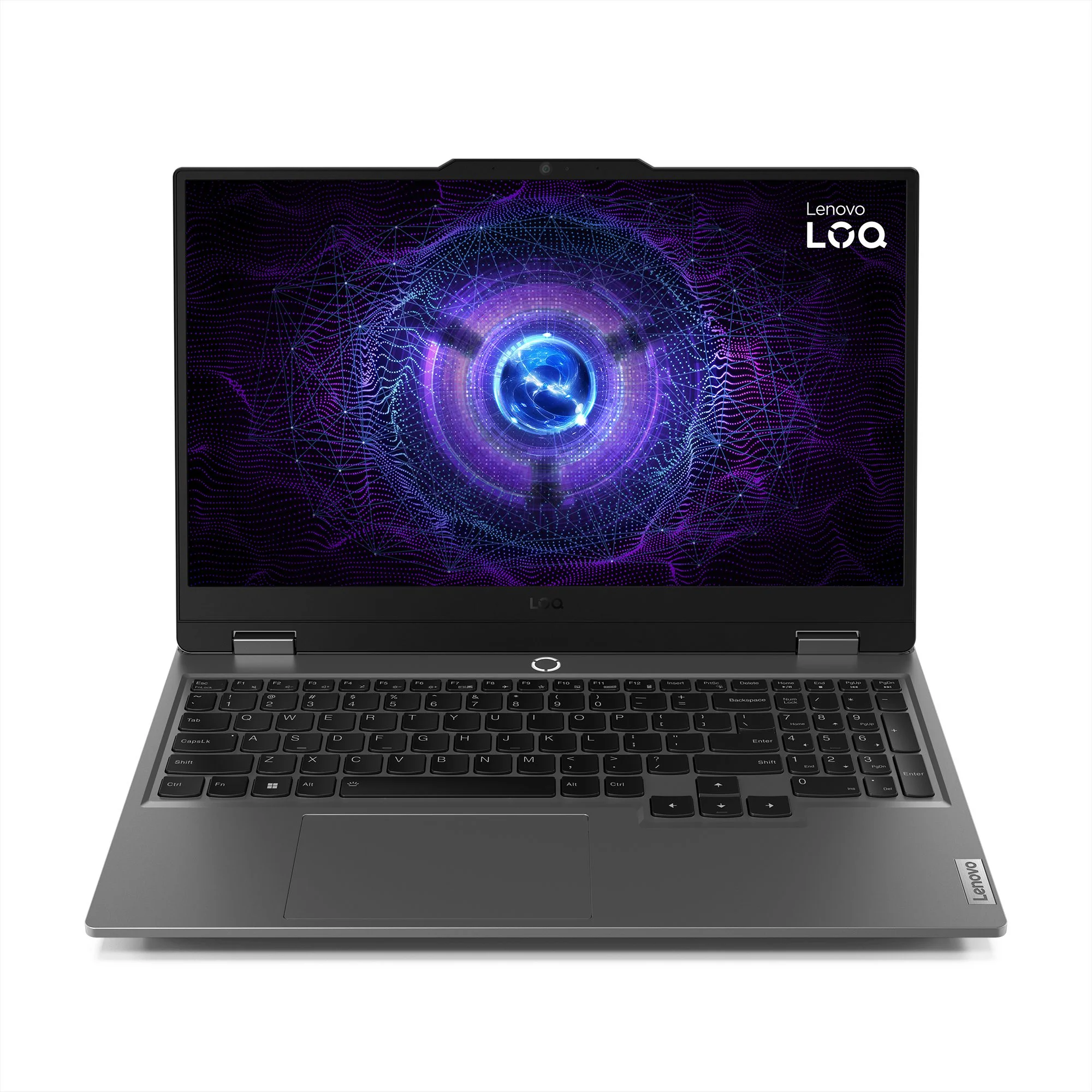 Notebook gamer Lenovo LOQ 15IRX9 visto de frente, com teclado e tela abertos