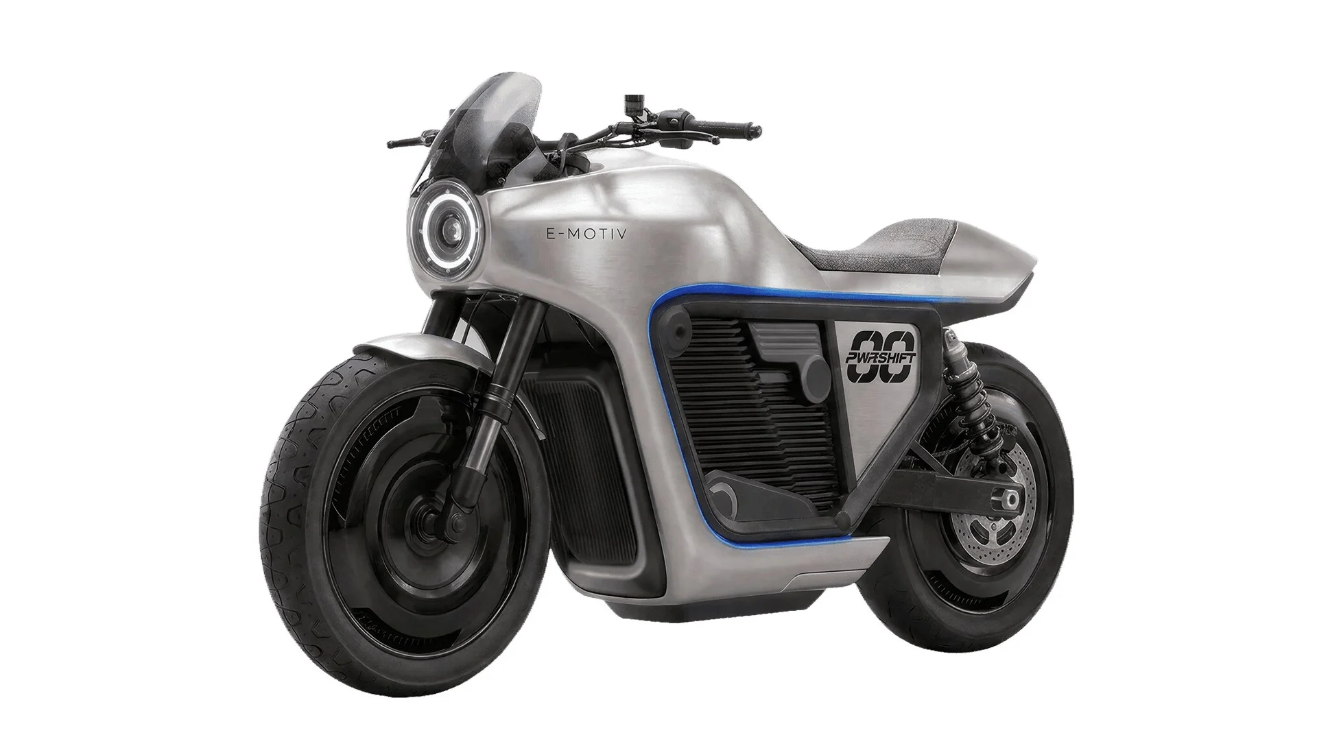 Renderização da motocicleta elétrica E-Motiv Demo 1 prateada com detalhes azuis, vista em perspectiva frontal