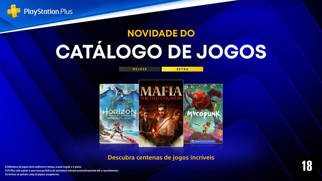 Arte oficial do catálogo da PS Plus Extra e Deluxe de outubro, com Horizon Forbidden West, Mafia: The Old Country e Mycopunk