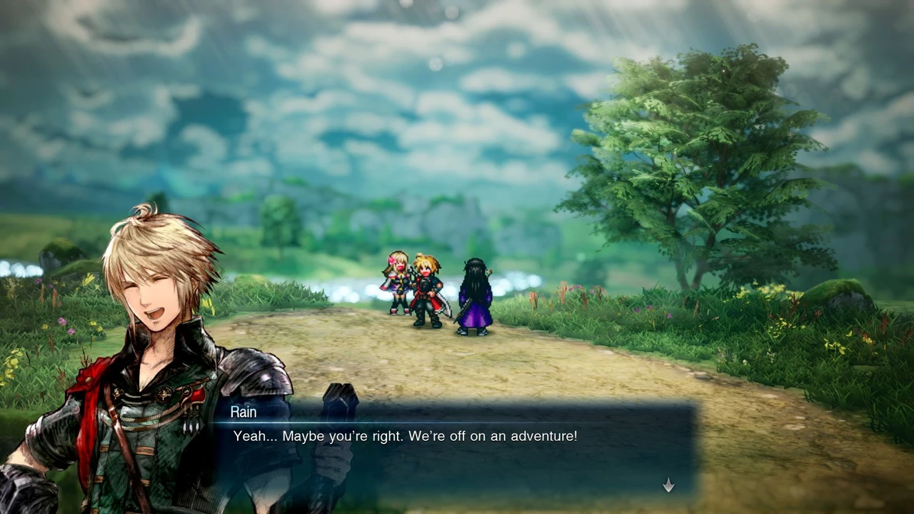 Rain e seus companheiros em uma área aberta de Final Fantasy Resonance, com cenários HD-2D