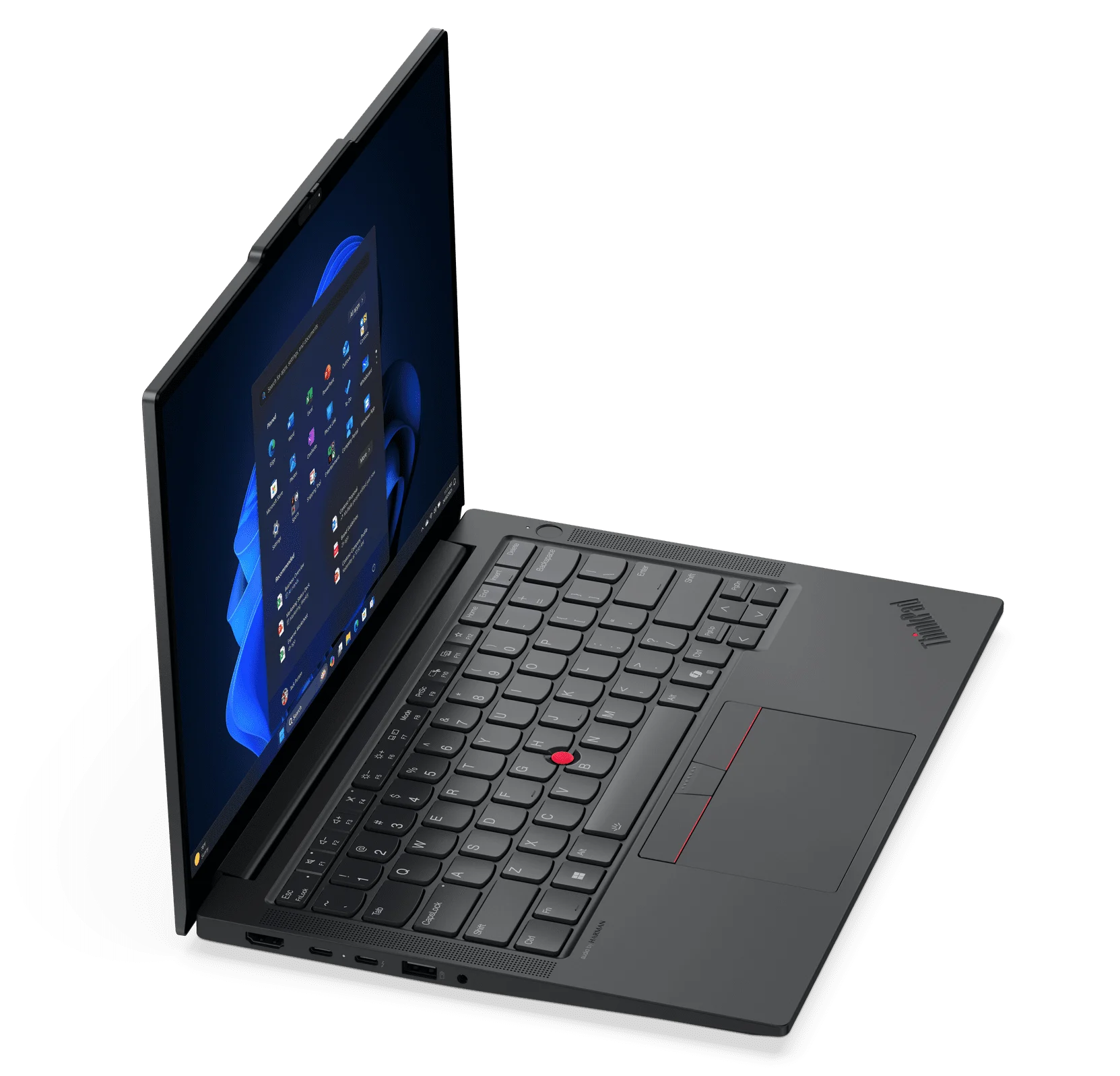 Notebook Lenovo ThinkPad E14 Gen 7 aberto, com teclado e TrackPoint vermelho
