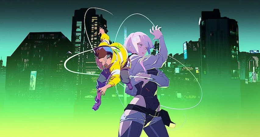 Arte promocional de Cyberpunk Mercenários 2 com personagens em ação diante de Night City