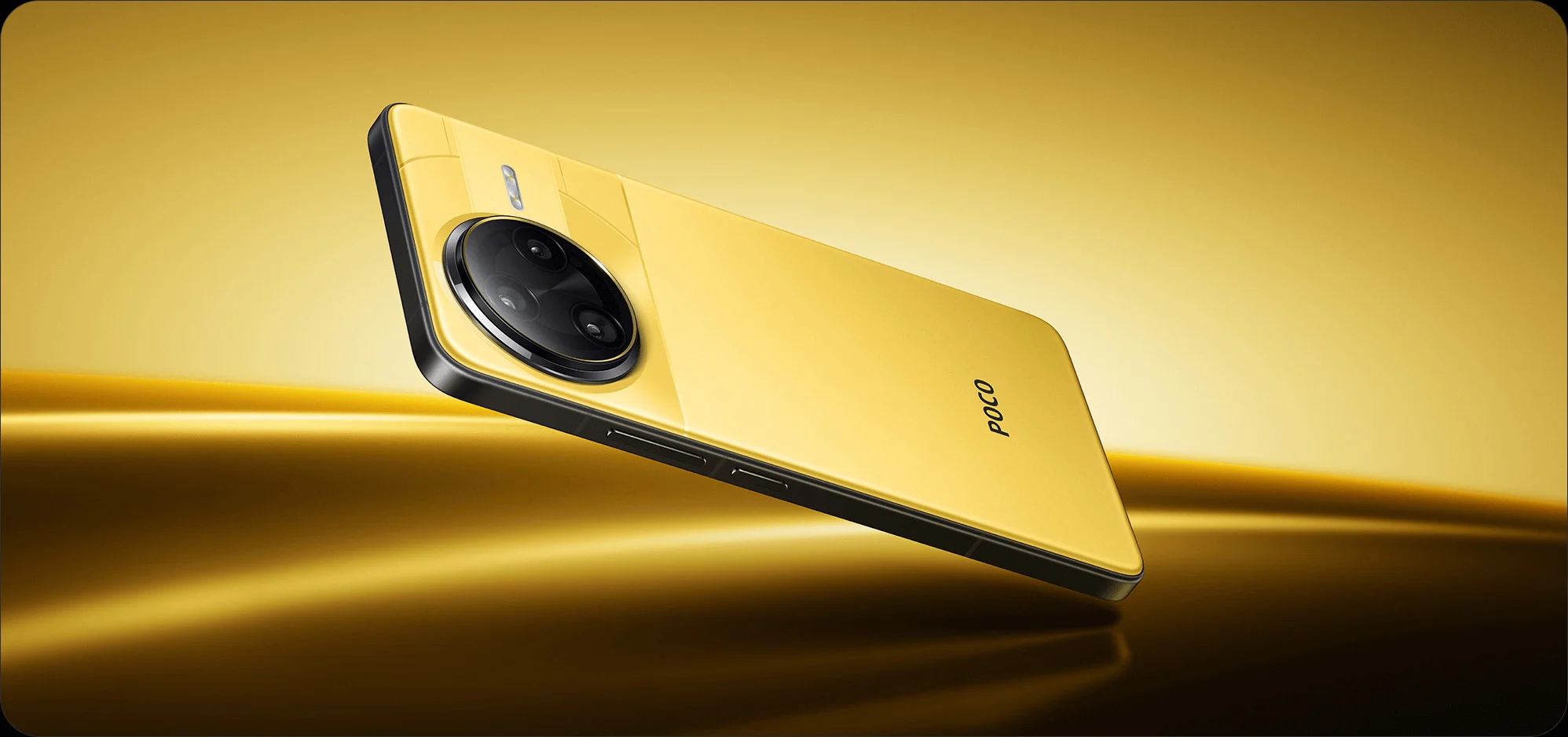 POCO F7 Ultra amarelo visto pela traseira, com módulo circular de câmeras.