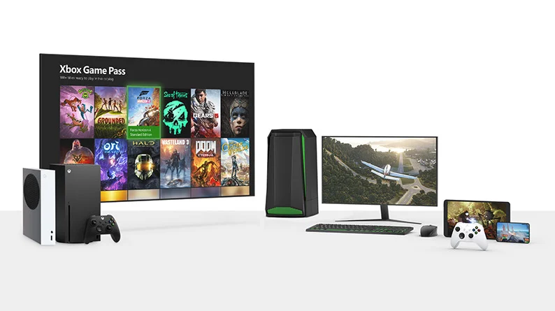 Imagem ilustrativa oficial do ecossistema Xbox Game Pass, com jogos na tela e consoles Xbox