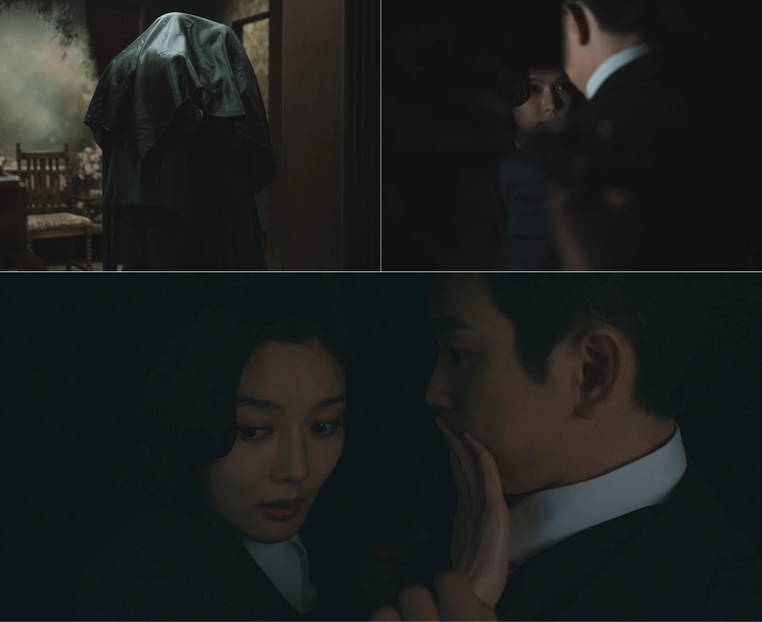 Ga-kyung e Hideo se aproximam sob a cortina escura de um estúdio fotográfico no episódio 5