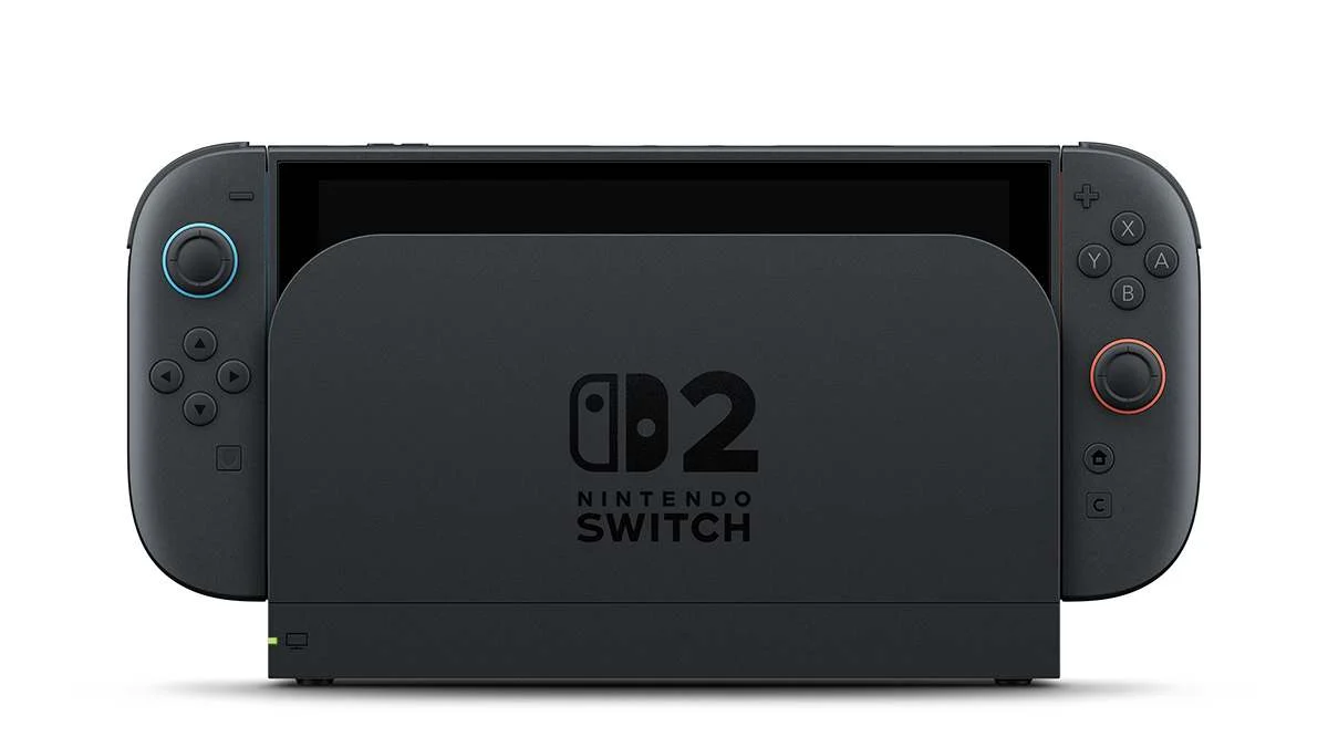 Console Nintendo Switch 2 com a base e os controles Joy-Con 2 em imagem oficial da Nintendo