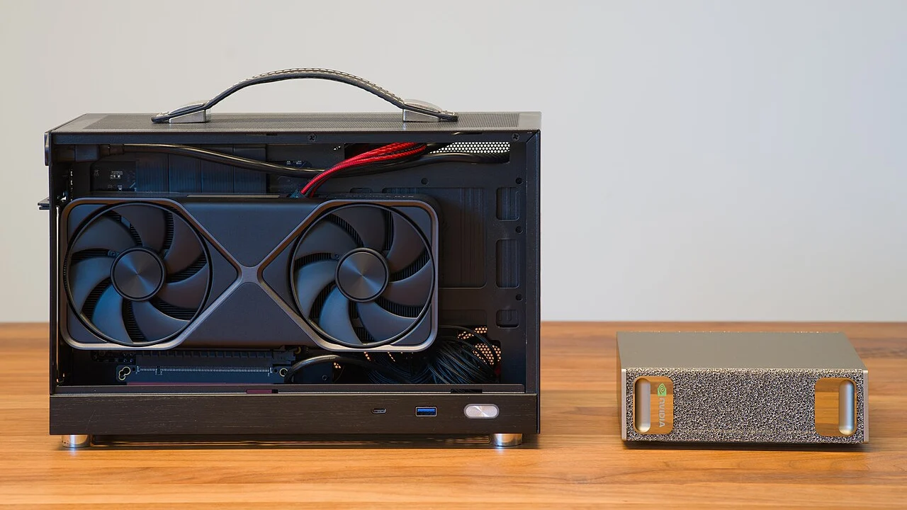 1280px KXRORS S300 SFF PC with GeForce RTX 5070 Founders Edition next to NVIDIA DGX Spark 2026 dllu