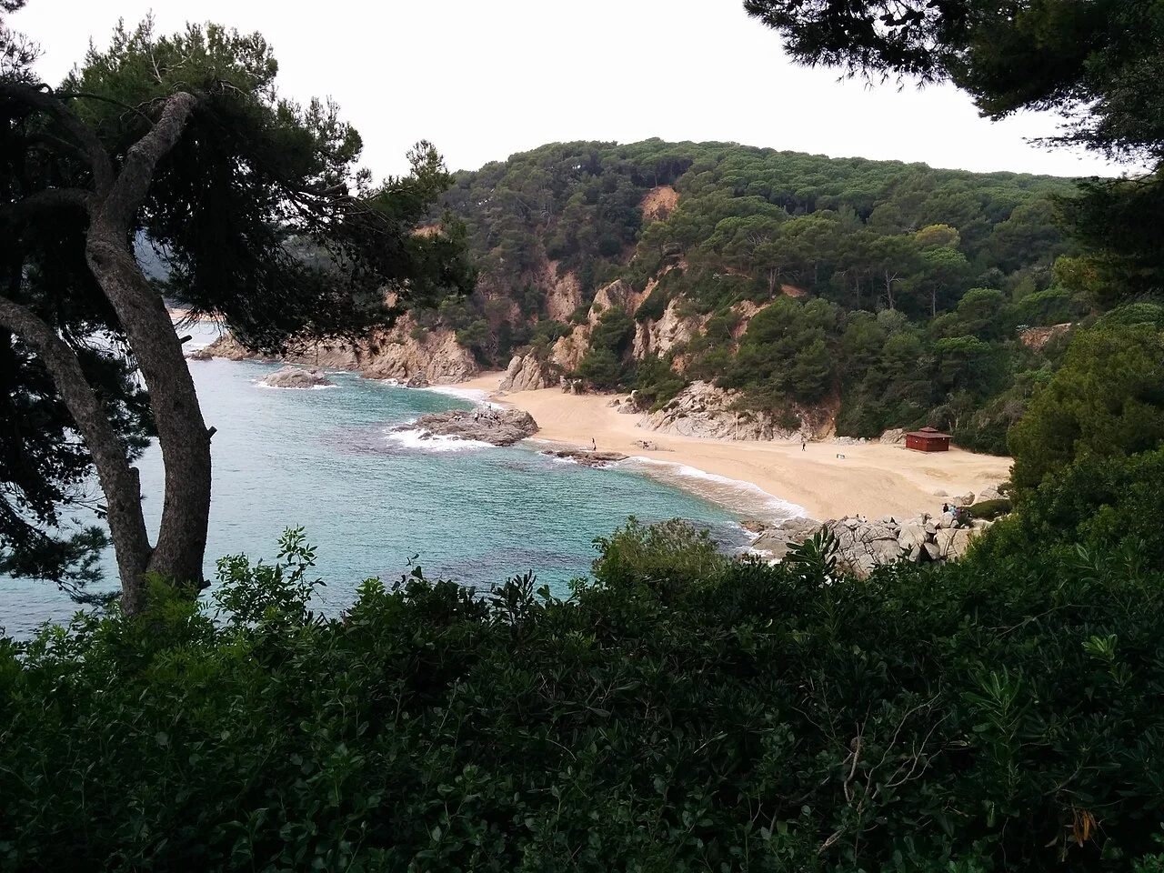 Vista real da Cala Sa Boadella, com areia, rochas, mar e vegetação na Costa Brava, onde O Problema Final foi gravada