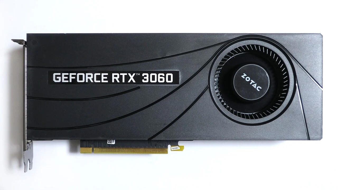Placa de vídeo Zotac GeForce RTX 3060 de 12 GB, na cor preta, com uma ventoinha