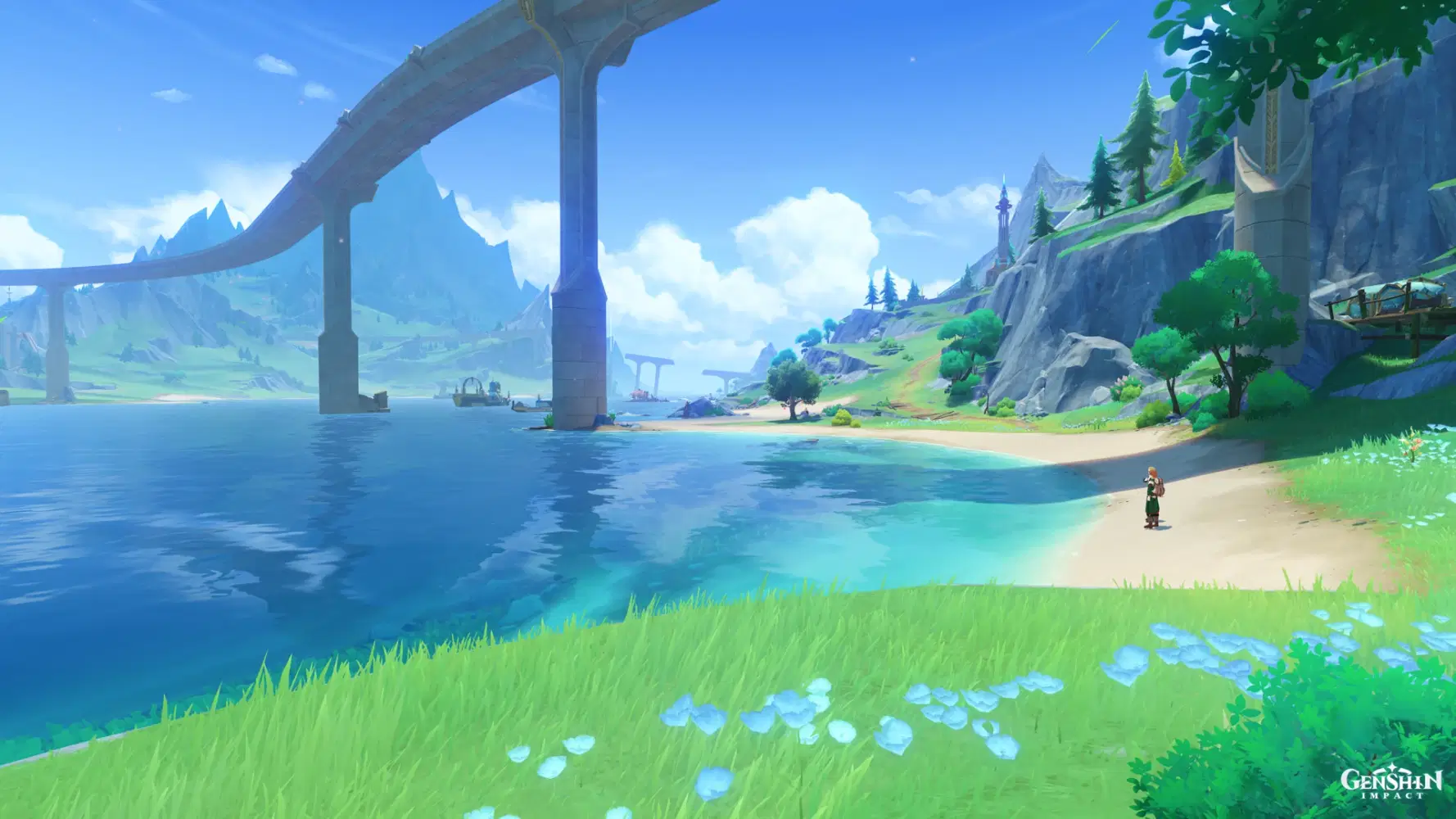 Paisagem costeira de Genshin Impact com praia, mar azul, colinas e uma personagem