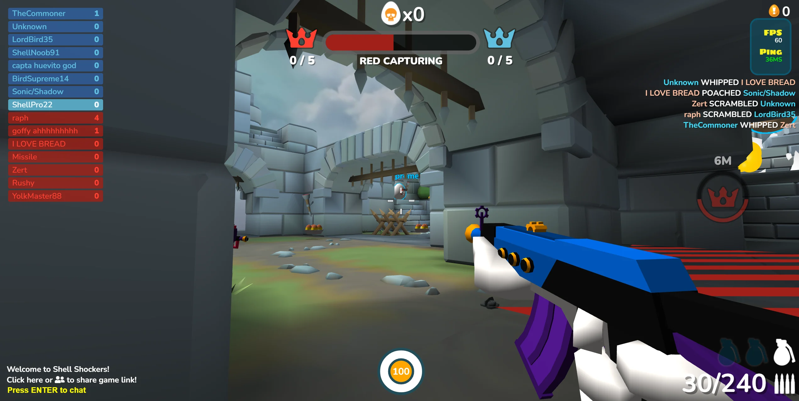 Shell Shockers mostra combate em primeira pessoa com arma azul e roxa em arena de castelo.