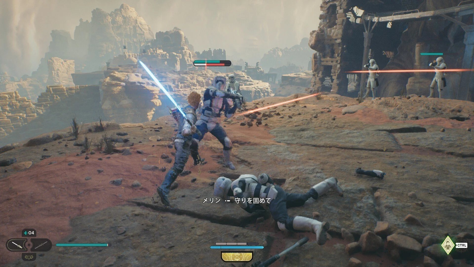 Cal Kestis enfrentando soldados imperiais com um sabre de luz em Star Wars Jedi Survivor