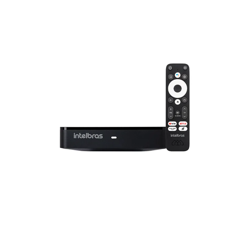 Intelbras Izy Play 4K preto ao lado do controle remoto com atalhos para aplicativos