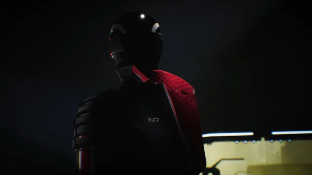 Figura com armadura N7 escura no teaser oficial de Mass Effect divulgado em 2023.
