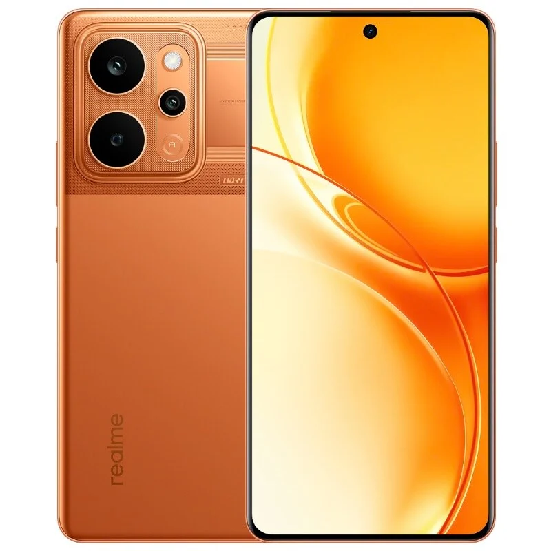realme P4 Power 5G na cor laranja, mostrando frente e traseira