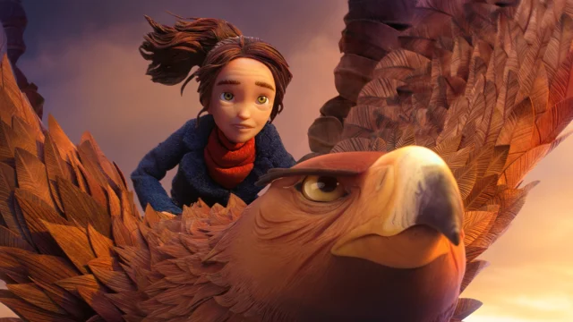 Prue sobrevoa o Bosque Selvagem nas costas de uma enorme ave na animação da LAIKA