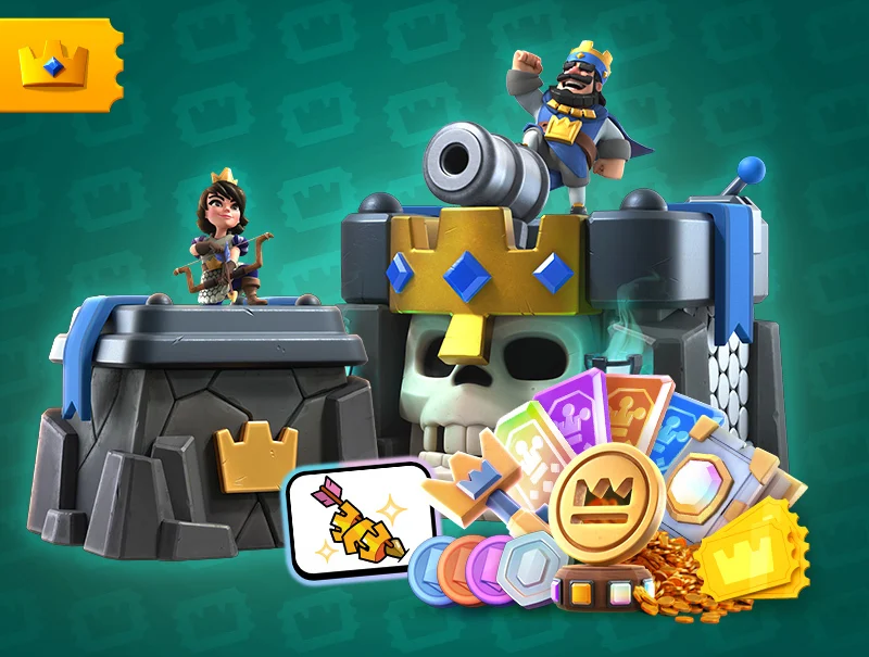 Arte oficial de Clash Royale mostrando recompensas do Pass Royale, baús, cartas, ouro e personagens do jogo