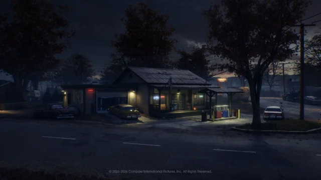 Posto de combustível iluminado à noite no mapa rural Tower Farm de Halloween: The Game