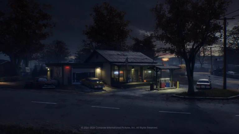 Posto de combustível iluminado à noite no mapa rural Tower Farm de Halloween: The Game