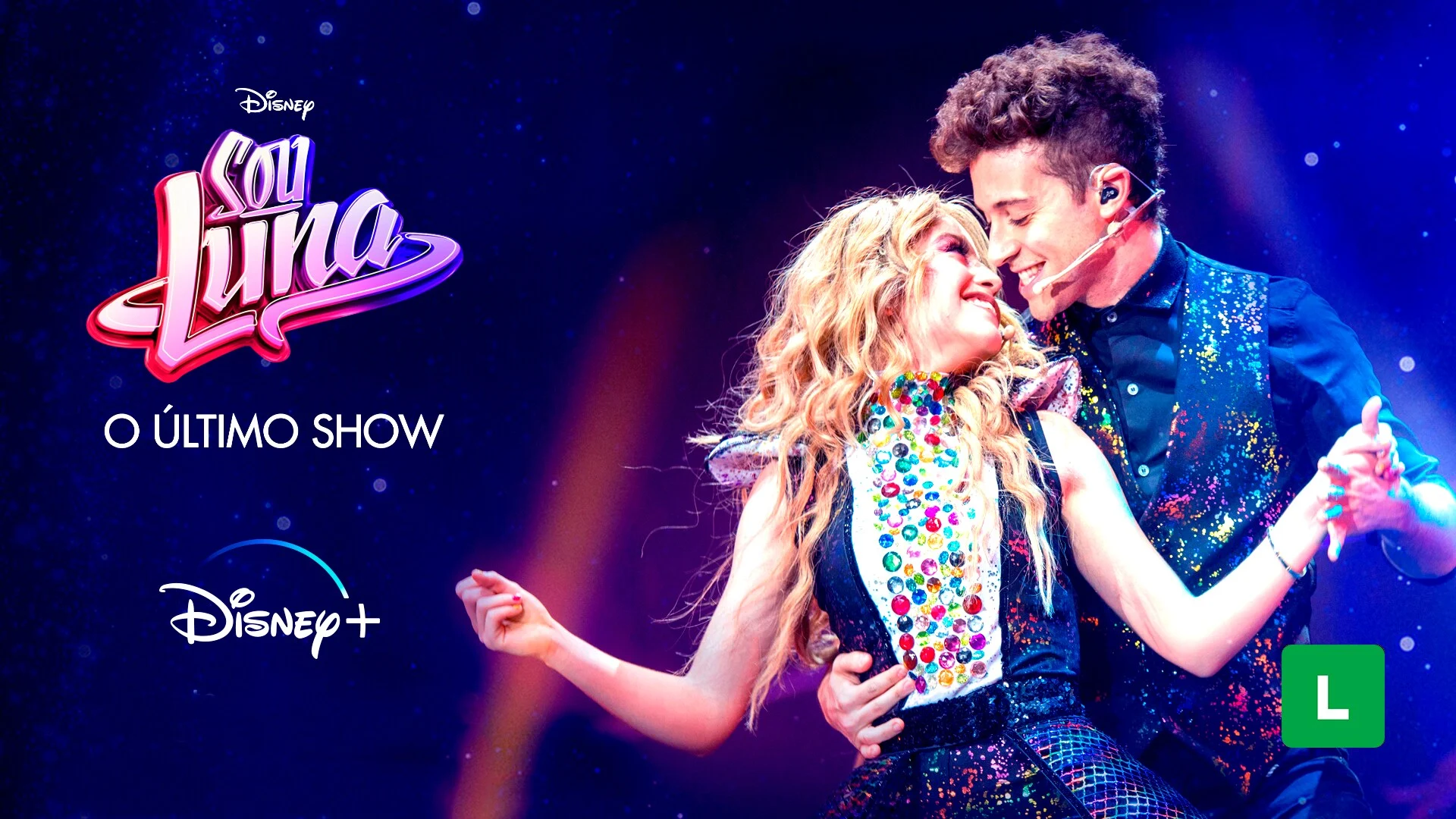 Cartaz de Sou Luna O Último Show de 2021 com identidade visual azul, logotipo do programa e divulgação no Disney+