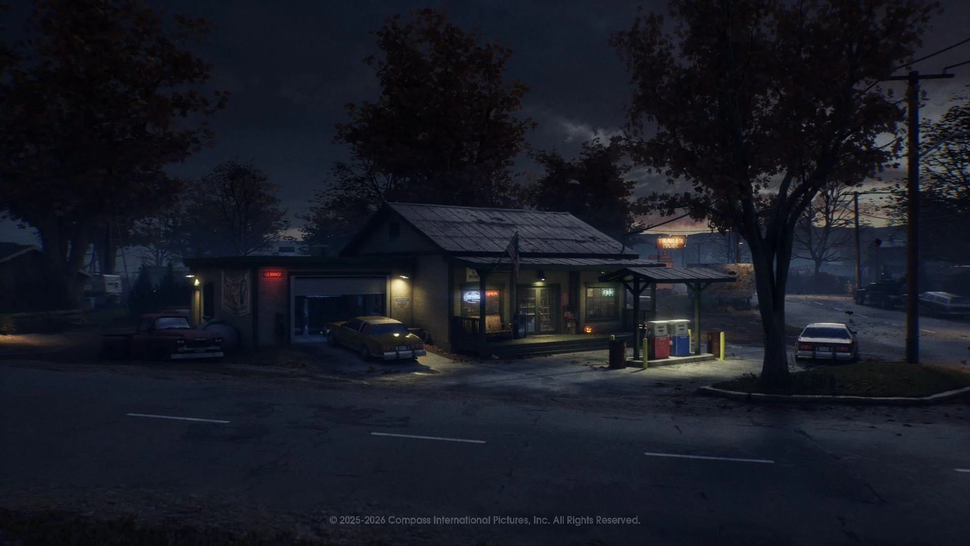 Posto de combustível iluminado à noite no mapa rural Tower Farm de Halloween: The Game