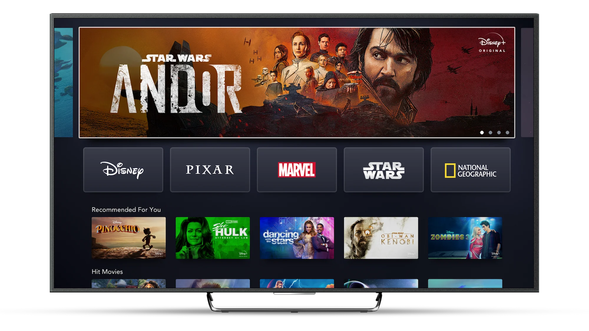 Interface do Disney+ exibida em uma Smart TV com a página inicial do aplicativo