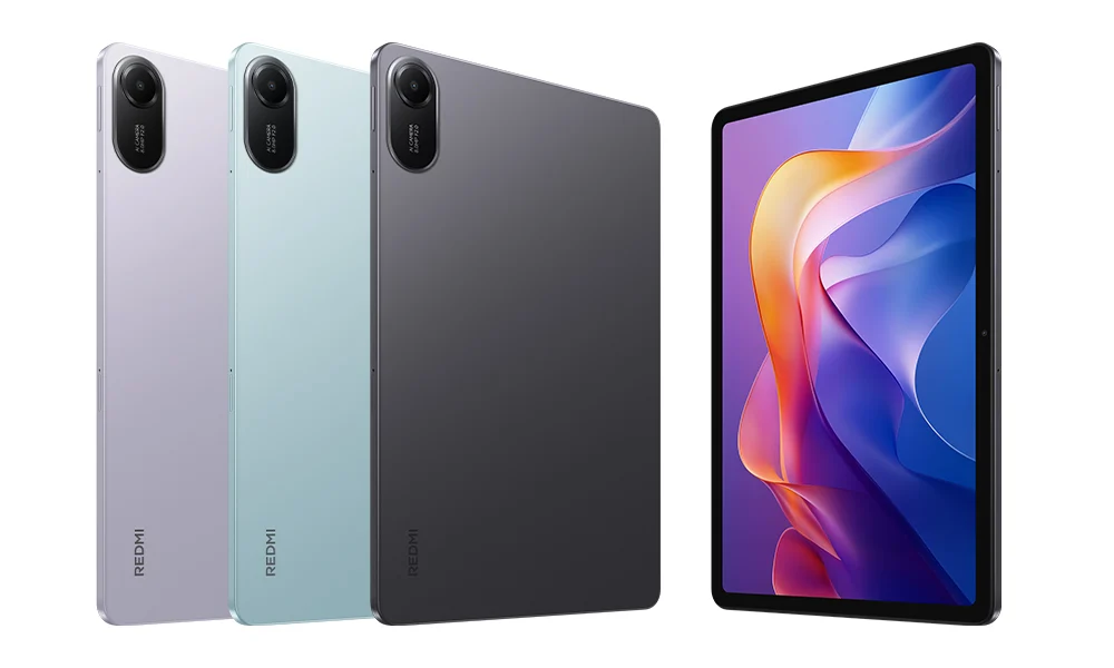 Redmi Pad 2 nas cores roxa verde e cinza ao lado da tela do tablet Xiaomi