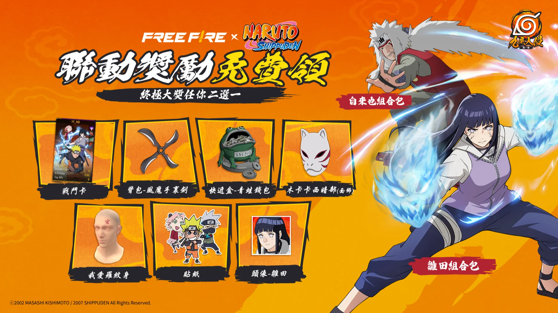 Quadro oficial das recompensas da colaboração Free Fire com Naruto Shippuden, incluindo o espólio Carteira do Gama com visual de sapo