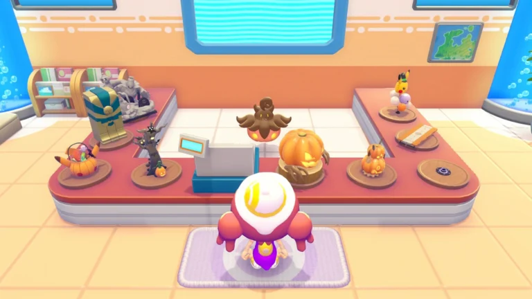 Balcão de loja em Pokémon Pokopia com abóboras, balões e móveis temáticos de Halloween