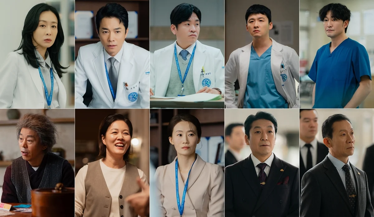 Montagem de personagens médicos e administradores do dorama Doctor X da SBS
