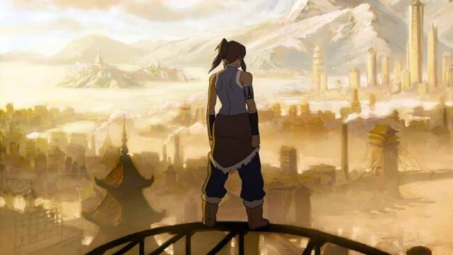 Korra observa a Cidade República em uma cena da animação A Lenda de Korra