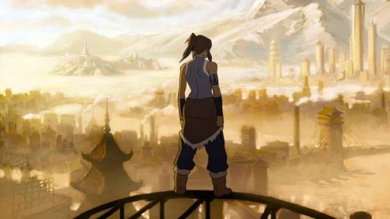 Korra observa a Cidade República em uma cena da animação A Lenda de Korra