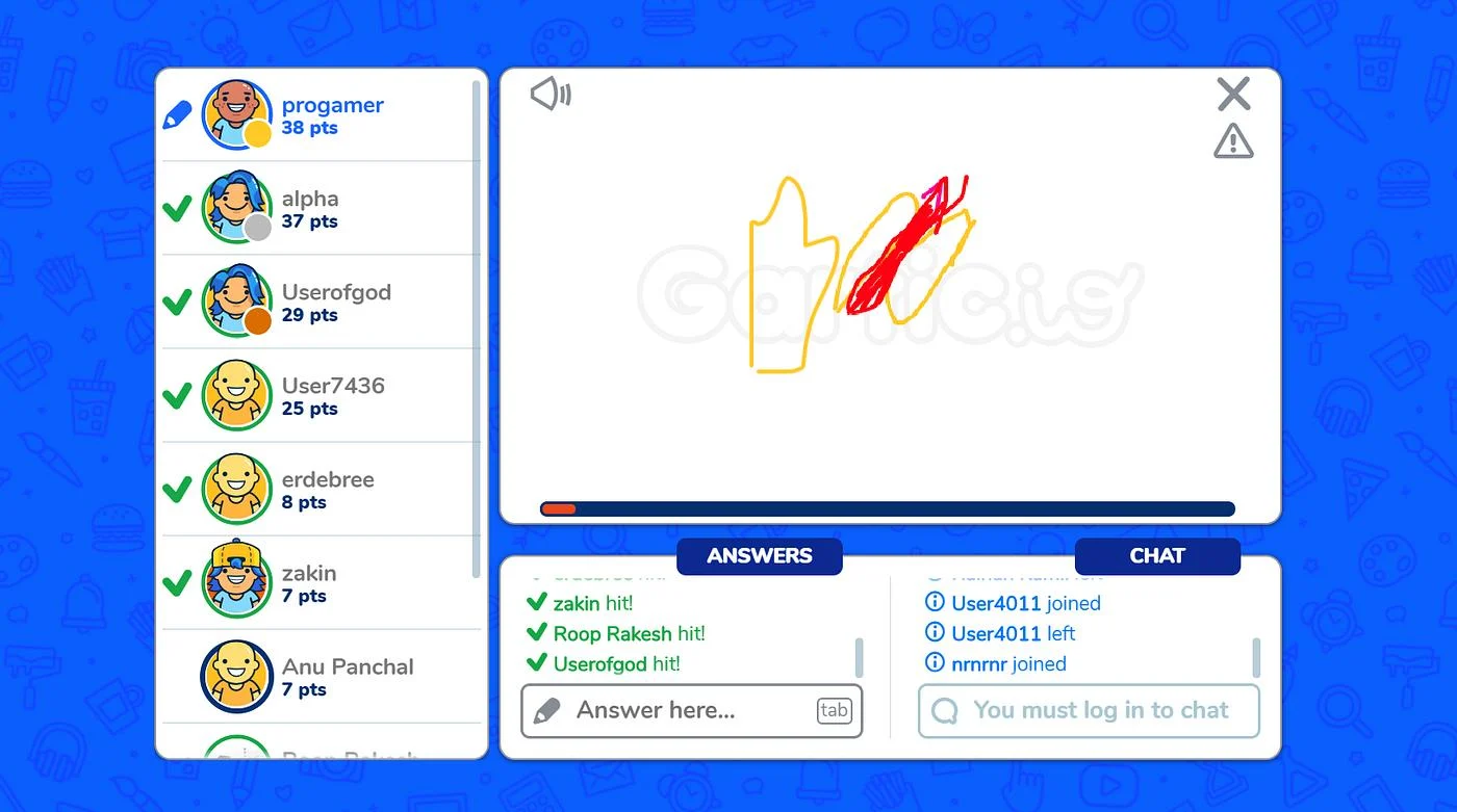 Gartic.io em partida com painel de jogadores, desenho colorido, campo de respostas e chat.