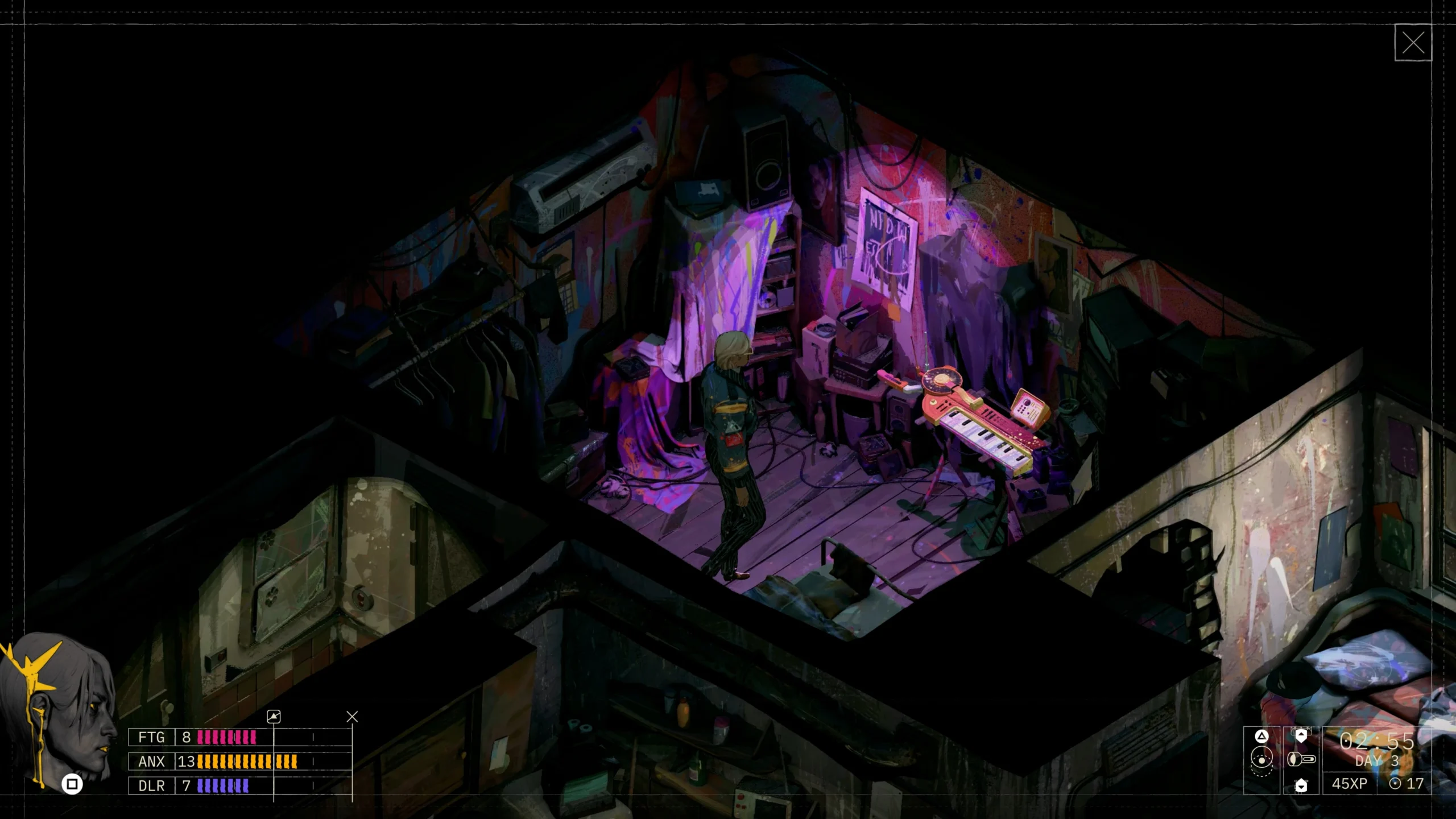 Cenário de espionagem visto de cima em ZERO PARADES Director's Cut no PS5