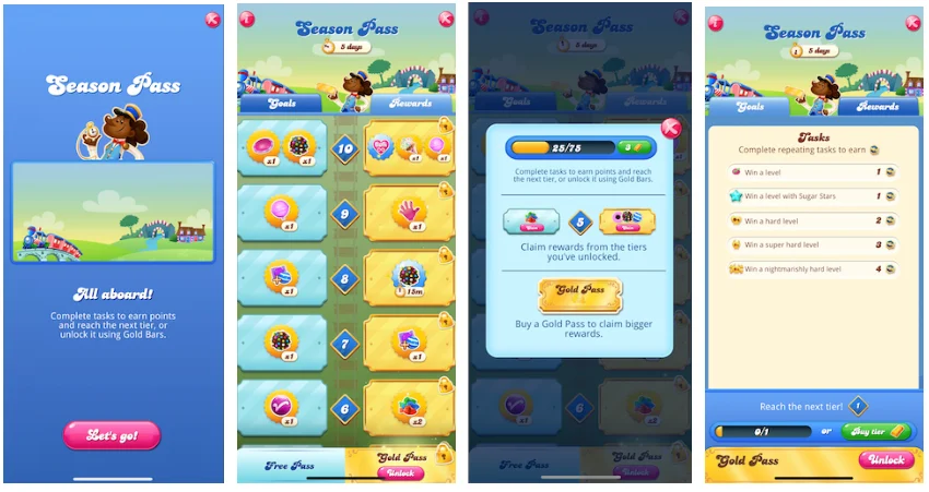 Telas oficiais do Passe de Temporada de Candy Crush Saga mostrando a trilha grátis e a trilha dourada
