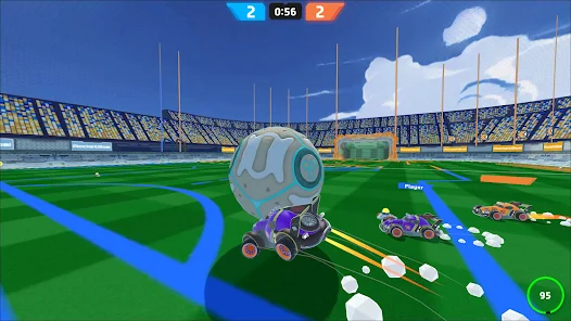 Partida de RocketGoal.io com carros disputando uma bola gigante em campo e placar empatado