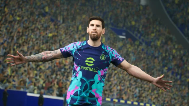Lionel Messi de braços abertos em imagem oficial de eFootball