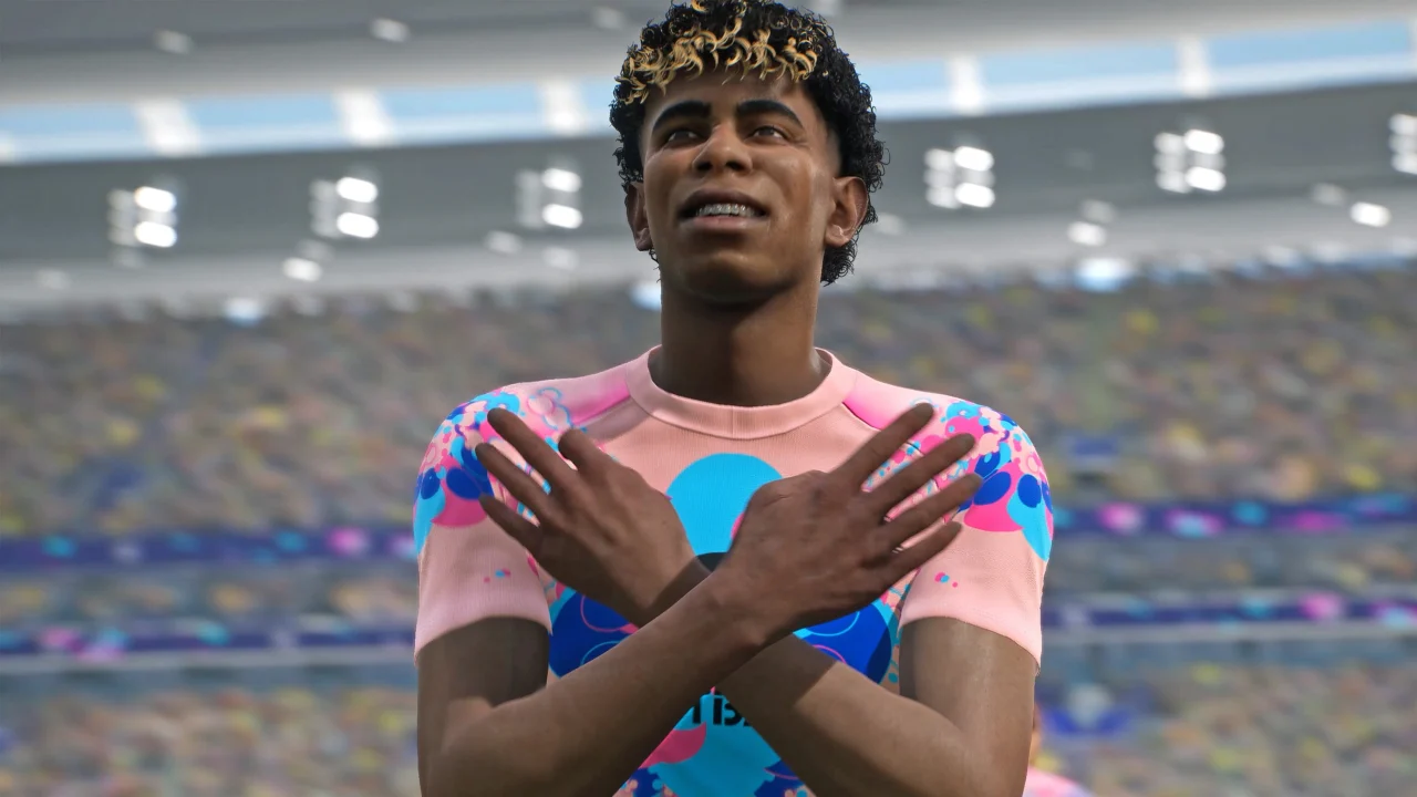 Lamine Yamal com uniforme rosa em imagem oficial de eFootball