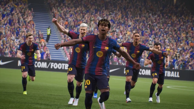 Jogadores do Barcelona comemoram um gol em imagem oficial de eFootball