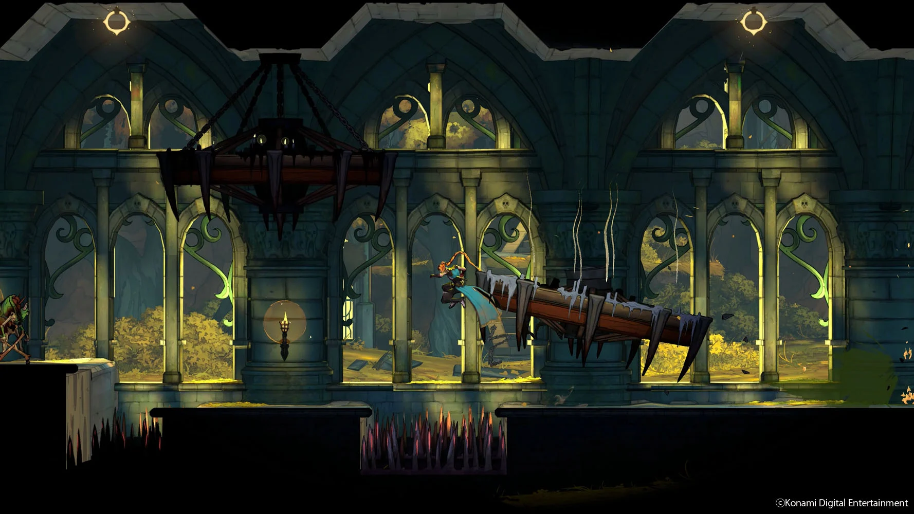 Rose Belmont utiliza o chicote para atravessar uma área de Castlevania Belmont's Curse