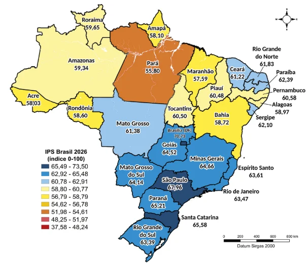 Mapa do Índice de Progresso Social Brasil 2026 com a pontuação de cada unidade federativa