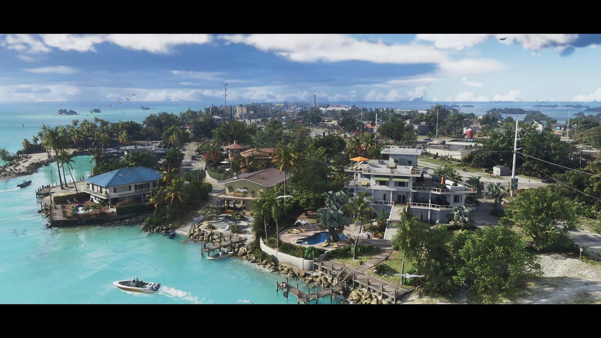 Vista panorâmica de uma região litorânea de Vice City em GTA 6, com barcos, casas e mar azul