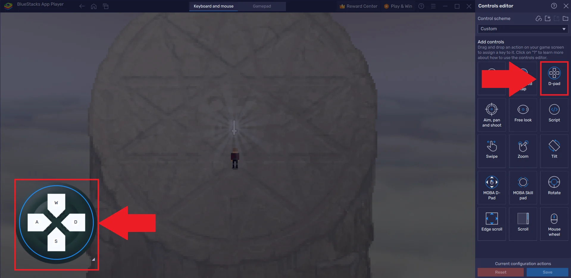 Editor de controles do BlueStacks 5 com o direcional WASD destacado no lado esquerdo