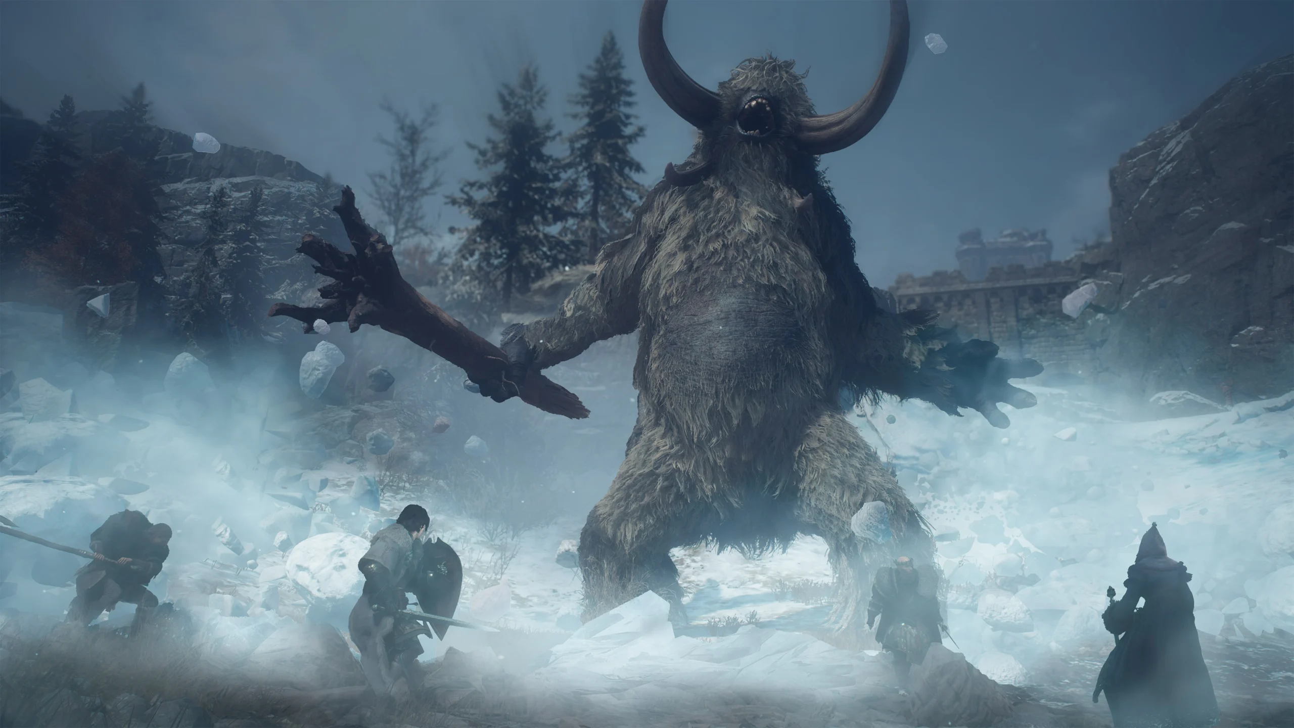 Grupo de personagens enfrenta uma criatura de grandes chifres em um cenário coberto de neve de Dragon’s Dogma 2: Dark Arisen