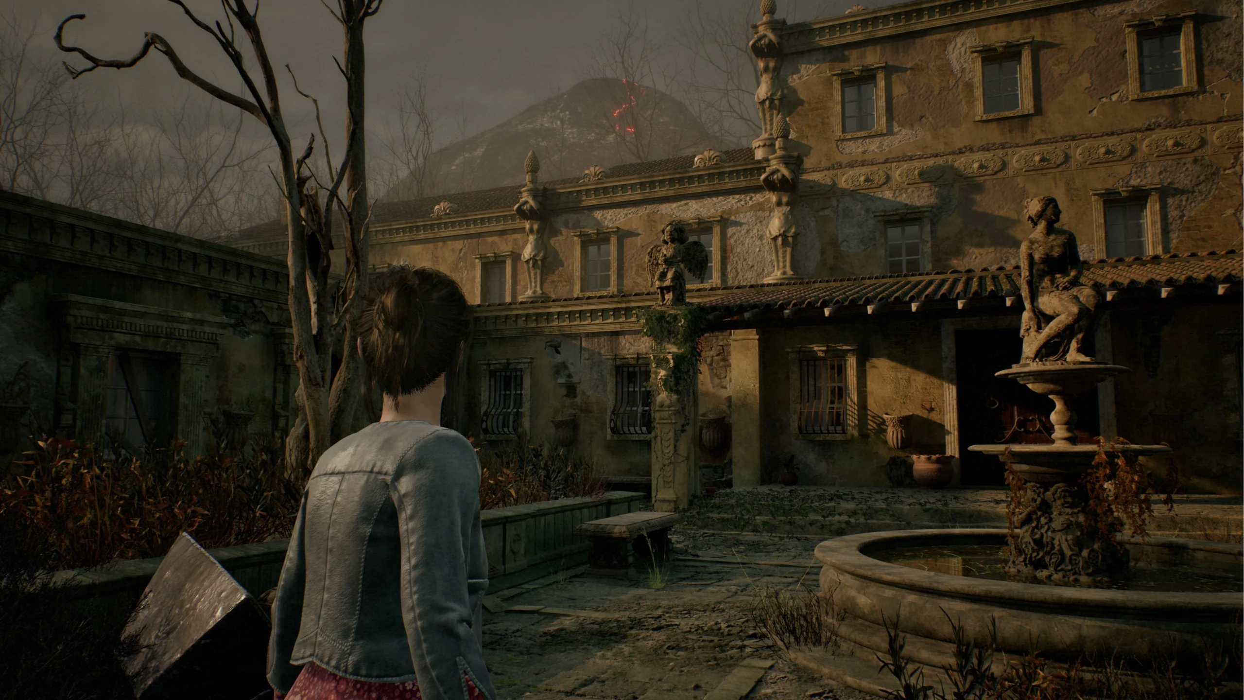 Susan observa uma antiga residência em ruínas nas proximidades do Monte Etna em Remothered Red Nun's Legacy