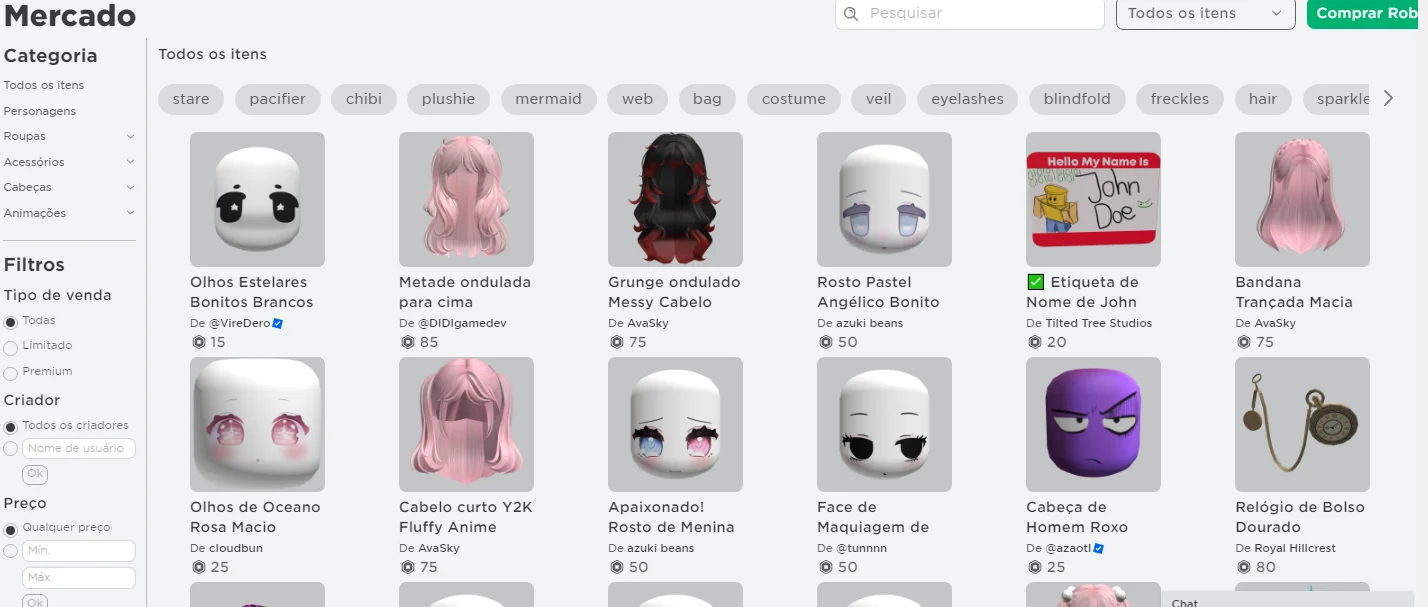 Marketplace do Roblox com acessórios e itens de avatar disponíveis por diferentes quantidades de Robux