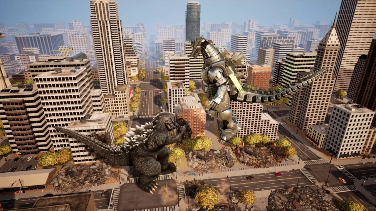 Monstros gigantes enfrentam-se em cenário urbano no jogo Godzilla Destroy All Monsters Melee Remastered