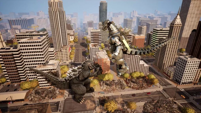 Monstros gigantes enfrentam-se em cenário urbano no jogo Godzilla Destroy All Monsters Melee Remastered