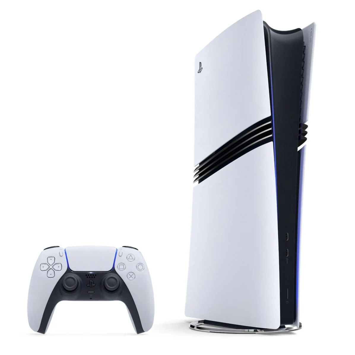 Console PlayStation 5 Pro ao lado do controle DualSense em foto oficial da Sony