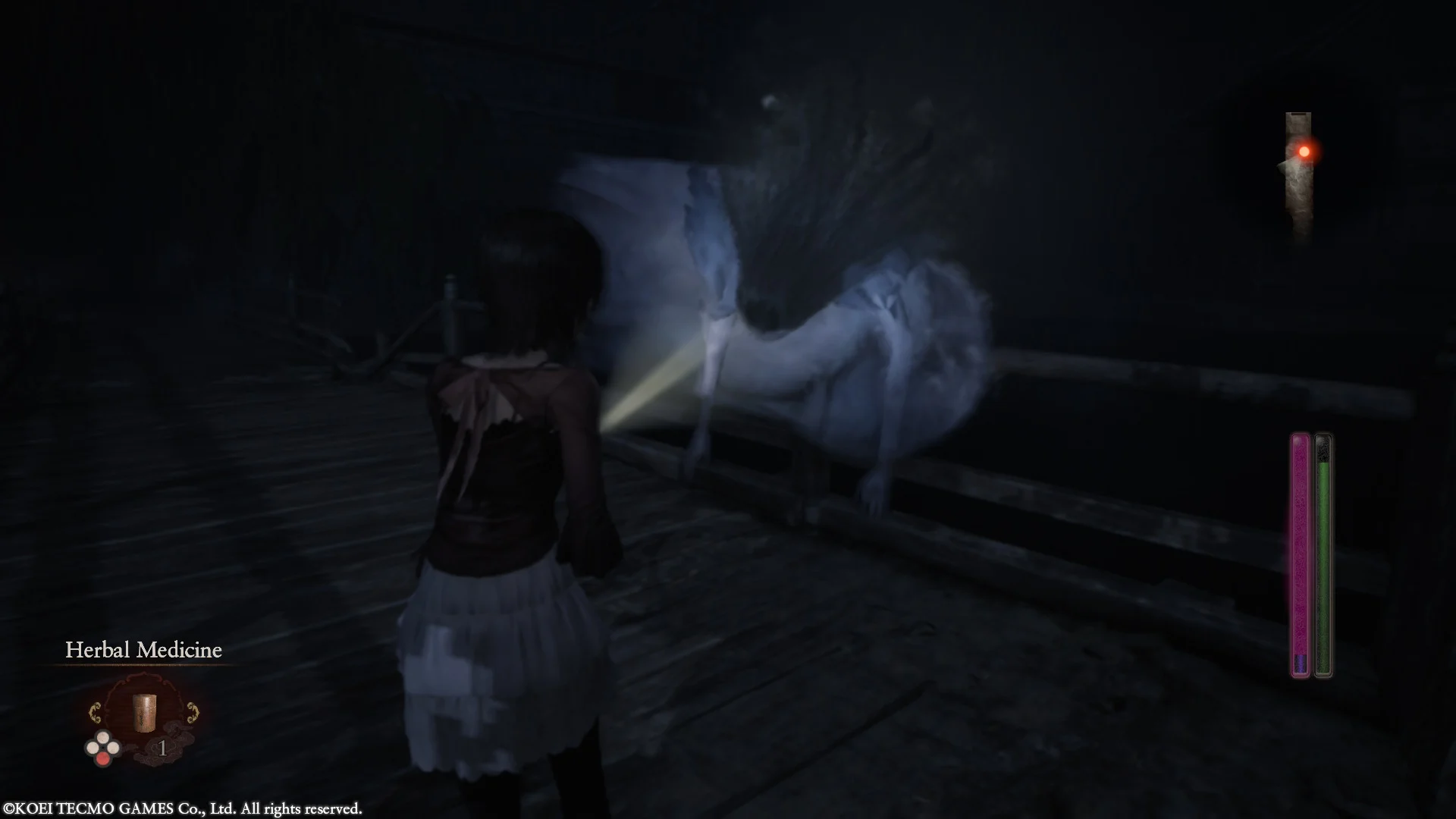 Menina aponta lanterna para fantasma em passagem escura de Fatal Frame II Crimson Butterfly Remake